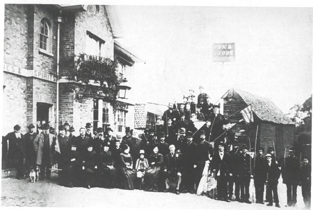 A similar group of Beating the Bounds participants outside the Fox and Grove on Hanger Lane in 1887 source: Ealing As It Was, Hendon Publishing 1993